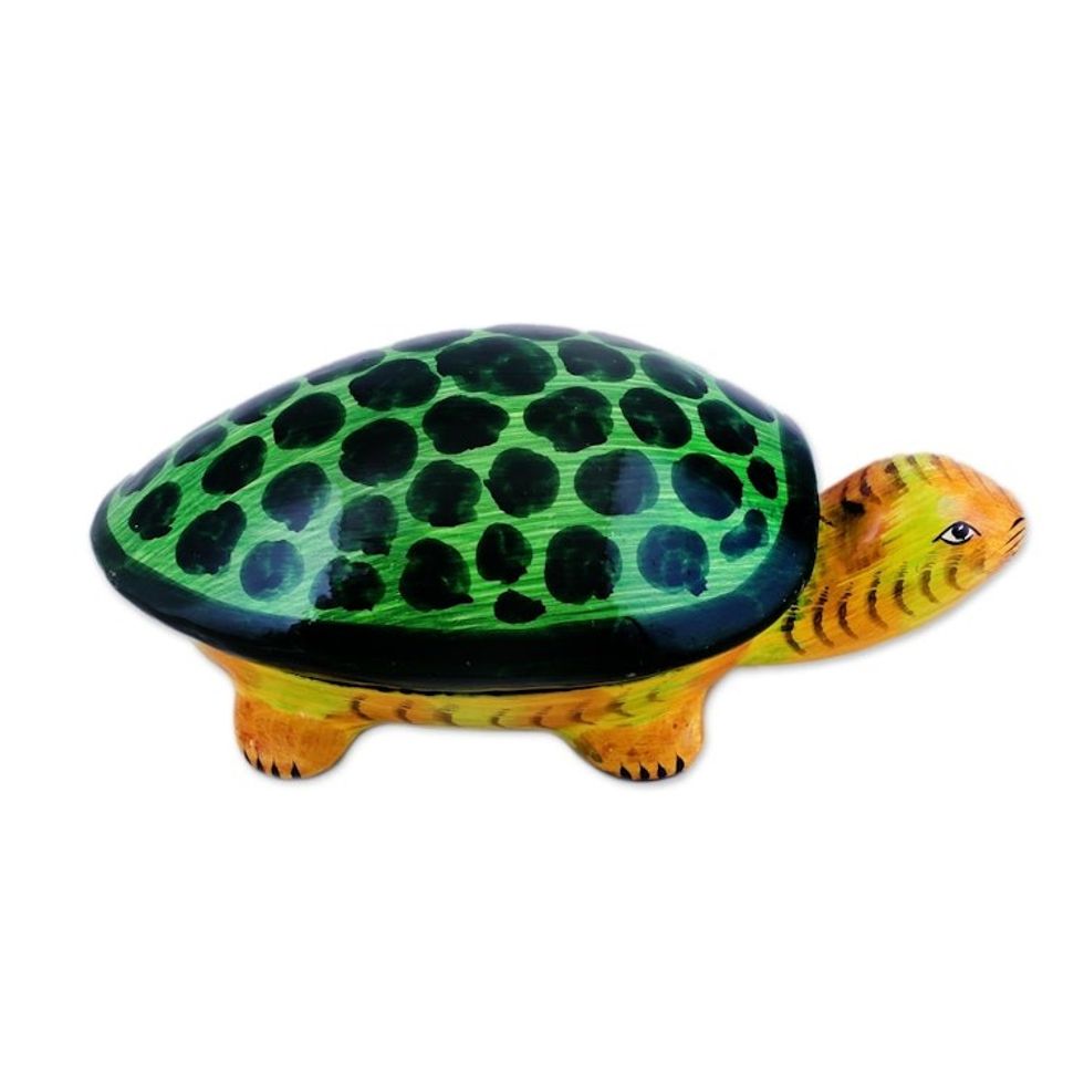 Papier Mache Turtle Decorative Box from India 'Joyful Turtle'