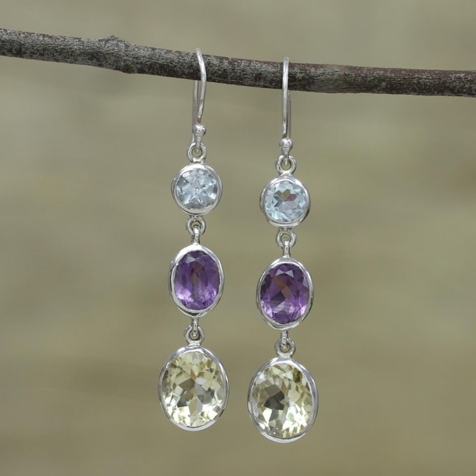 Multi-Gemstone and Silver Dangle Earrings from India 'Glittering Trio'