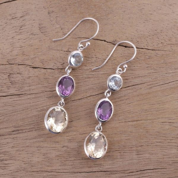 Alternate image for Multi-Gemstone and Silver Dangle Earrings from India Glittering Trio