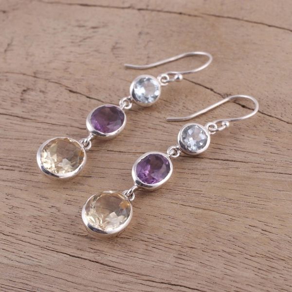 Alternate image for Multi-Gemstone and Silver Dangle Earrings from India Glittering Trio