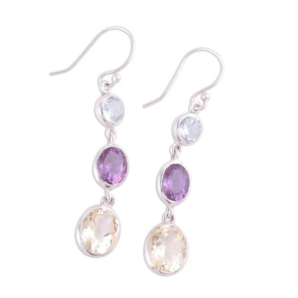 Alternate image for Multi-Gemstone and Silver Dangle Earrings from India Glittering Trio