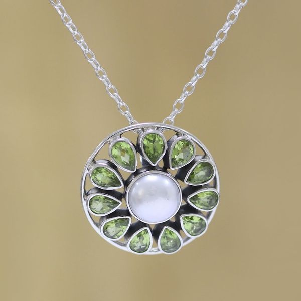 Alternate image for Peridot and Cultured Pearl Sterling Silver Pendant Necklace Peridot Petals