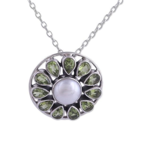 Alternate image for Peridot and Cultured Pearl Sterling Silver Pendant Necklace Peridot Petals