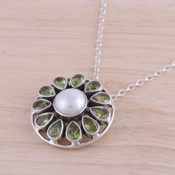 Alternate image for Peridot and Cultured Pearl Sterling Silver Pendant Necklace Peridot Petals