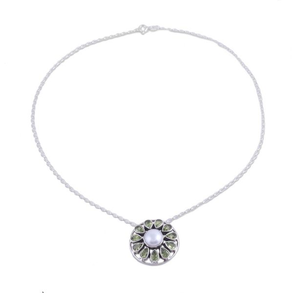 Alternate image for Peridot and Cultured Pearl Sterling Silver Pendant Necklace Peridot Petals