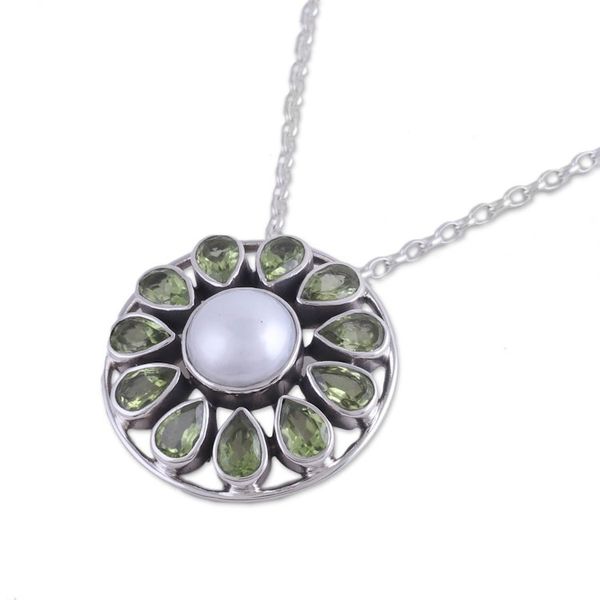 Alternate image for Peridot and Cultured Pearl Sterling Silver Pendant Necklace Peridot Petals