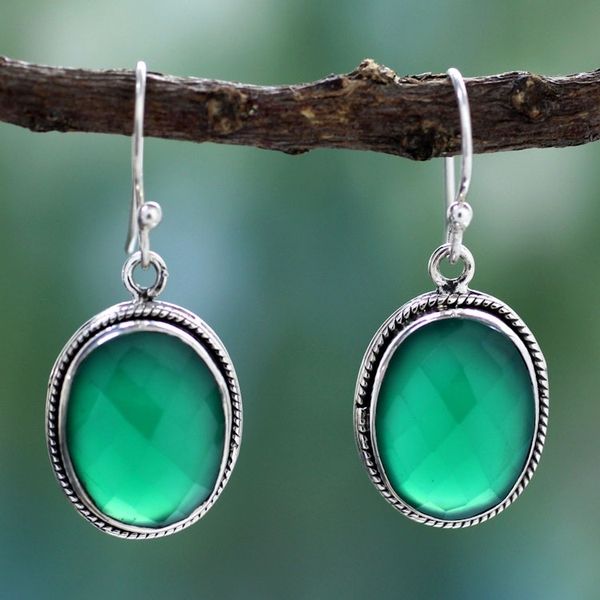 Alternate image for Green Onyx Earrings in Sterling Silver Handmade in India Luscious Green
