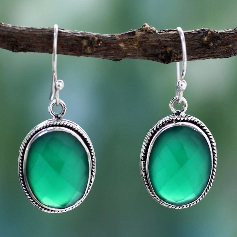 Green Onyx Earrings in Sterling Silver Handmade in India 'Luscious Green'