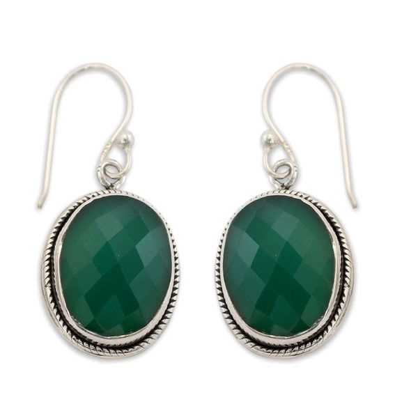 Alternate image for Green Onyx Earrings in Sterling Silver Handmade in India Luscious Green