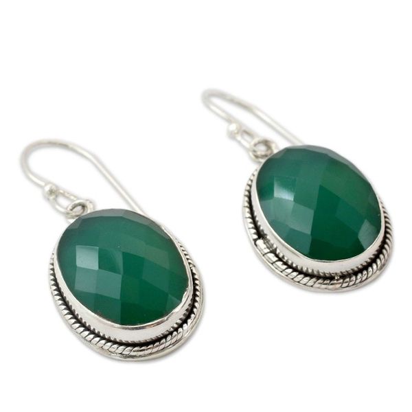 Alternate image for Green Onyx Earrings in Sterling Silver Handmade in India Luscious Green