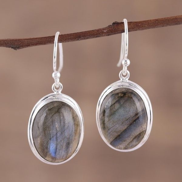 Alternate image for Cabochon Labradorite and Silver Dangle Earrings Darkening Sky