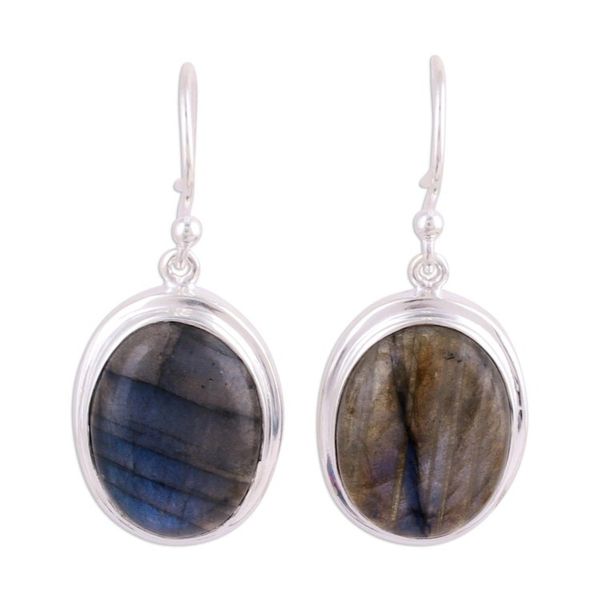 Alternate image for Cabochon Labradorite and Silver Dangle Earrings Darkening Sky