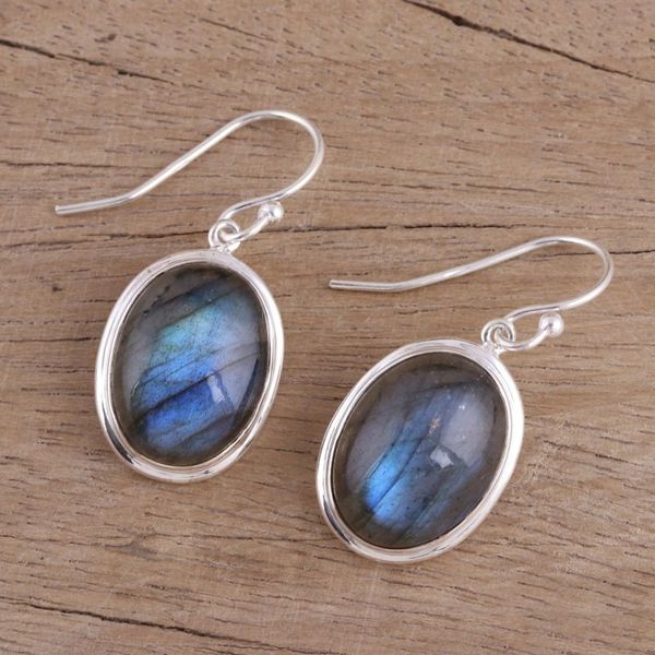 Alternate image for Cabochon Labradorite and Silver Dangle Earrings Darkening Sky