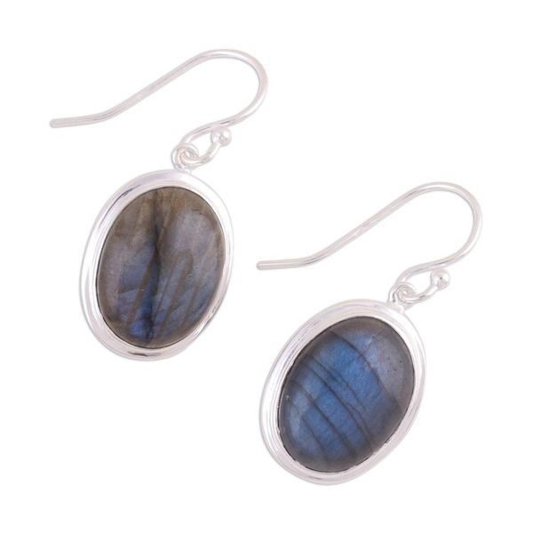 Alternate image for Cabochon Labradorite and Silver Dangle Earrings Darkening Sky