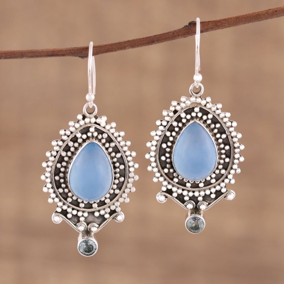 Chalcedony and Blue Topaz Dangle Earrings from India 'Tranquil Day'