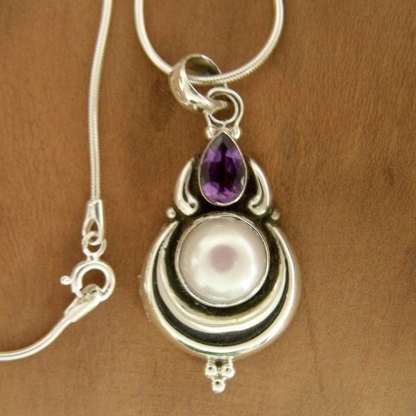 Alternate image for Grand Indian Necklace with Pearl and Amethyst on Silver Jaipur Moon