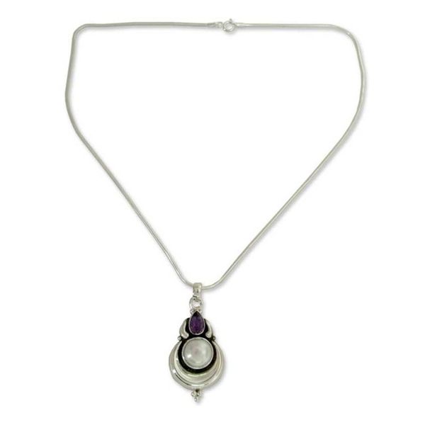 Alternate image for Grand Indian Necklace with Pearl and Amethyst on Silver Jaipur Moon
