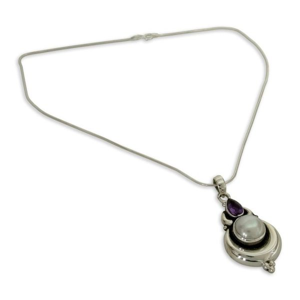 Alternate image for Grand Indian Necklace with Pearl and Amethyst on Silver Jaipur Moon