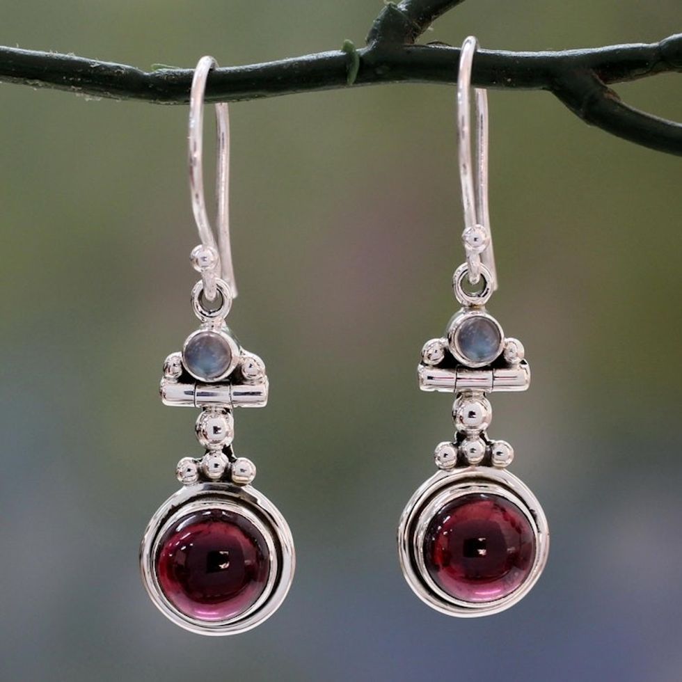 Garnet and Rainbow Moonstone Earrings Set in 925 Silver 'Misty Moon'