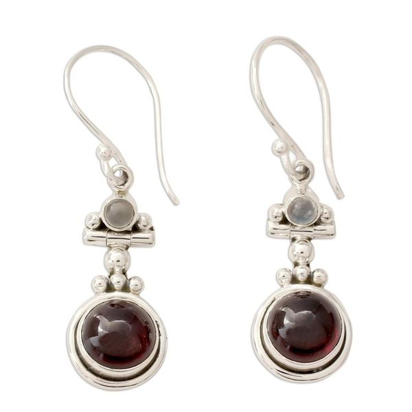 Alternate image for Garnet and Rainbow Moonstone Earrings Set in 925 Silver Misty Moon