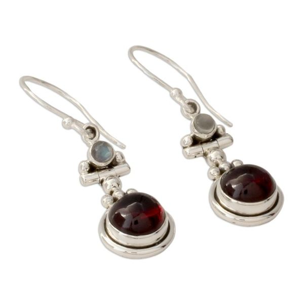 Alternate image for Garnet and Rainbow Moonstone Earrings Set in 925 Silver Misty Moon