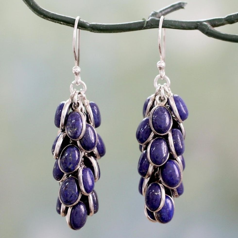 Lapis Lazuli Clusters in Handmade Sterling Silver Earrings 'Blue Intuition'