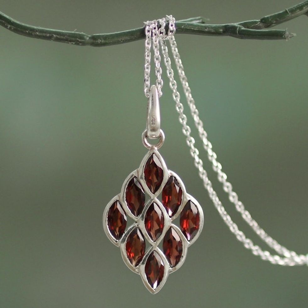 Hand Crafted Sterling Silver and Garnet Pendant Necklace 'Radiant Honeycomb'