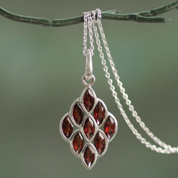 Alternate image for Hand Crafted Sterling Silver and Garnet Pendant Necklace Radiant Honeycomb