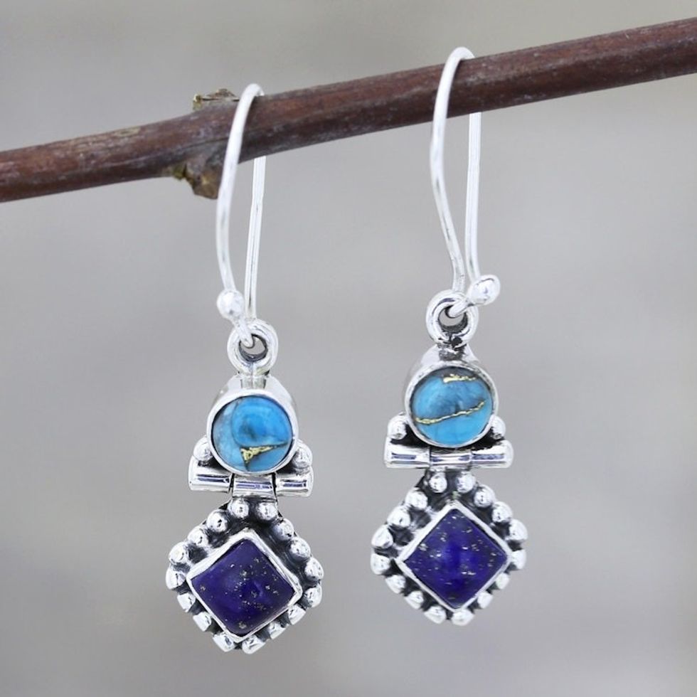 Lapis Lazuli and Composite Turquoise Dangle Earrings 'Enchanting Duo'