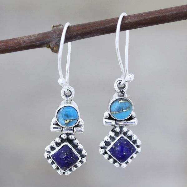 Alternate image for Lapis Lazuli and Composite Turquoise Dangle Earrings Enchanting Duo