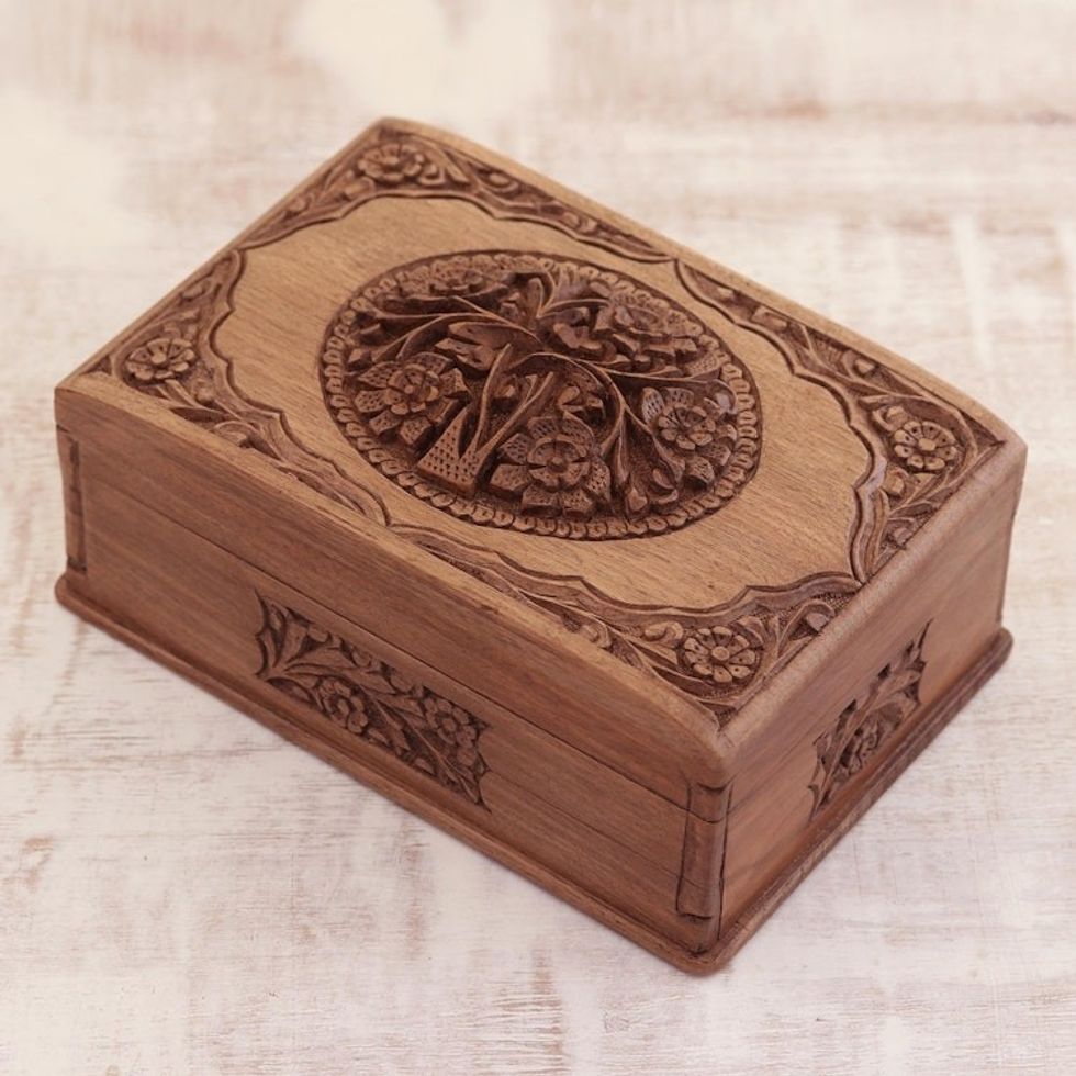 Floral Carved Wood Jewelry Box 'Hypnotic Tree'
