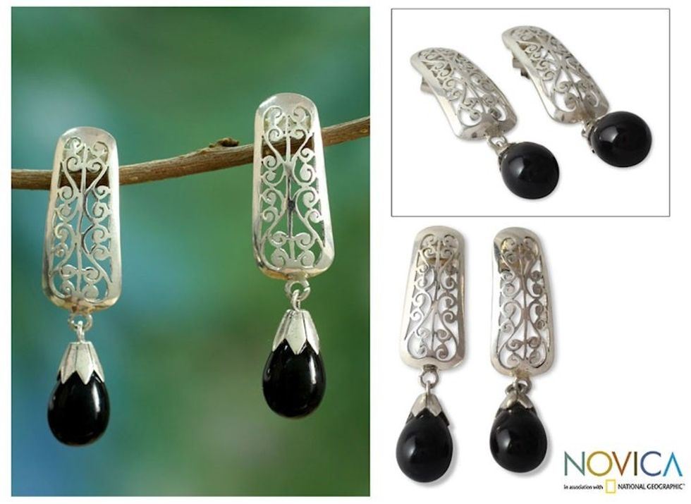 Fair Trade Indian Floral Sterling Silver Drop Onyx Earrings 'Mughal Melody'
