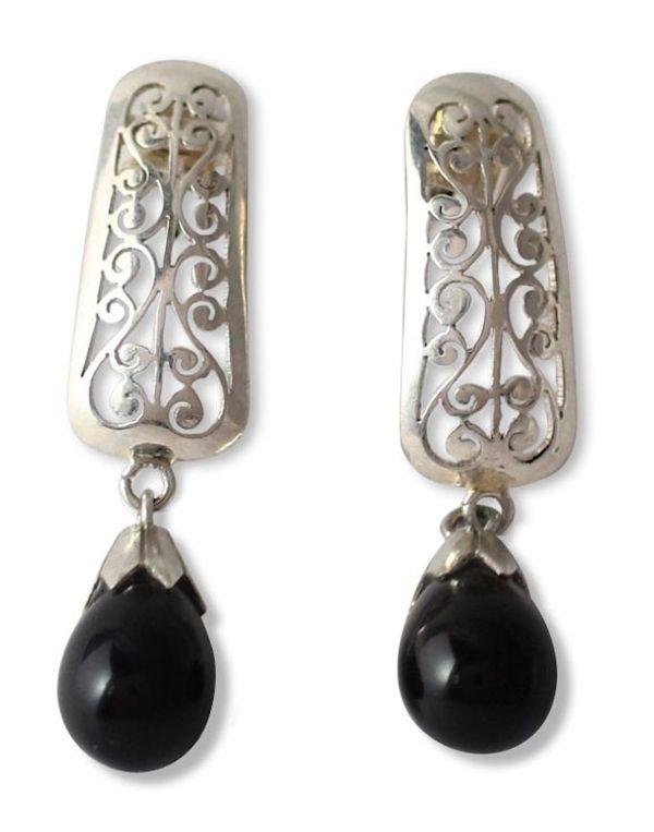 Alternate image for Fair Trade Indian Floral Sterling Silver Drop Onyx Earrings Mughal Melody