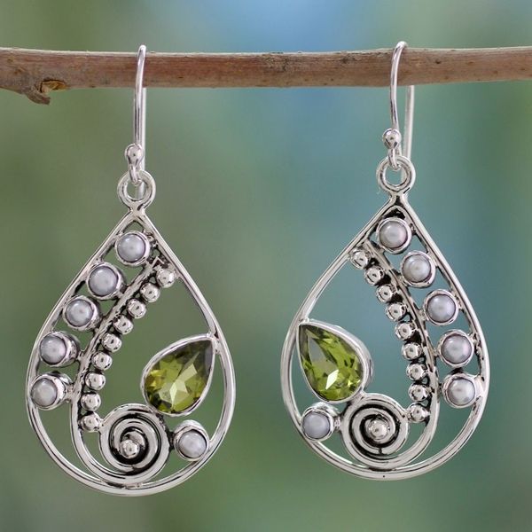 Alternate image for Pearl and Peridot Earrings Sterling Silver Jewelry Inspired Paisley