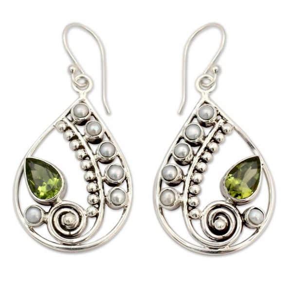 Alternate image for Pearl and Peridot Earrings Sterling Silver Jewelry Inspired Paisley