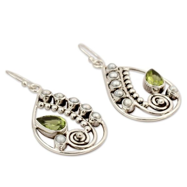Alternate image for Pearl and Peridot Earrings Sterling Silver Jewelry Inspired Paisley