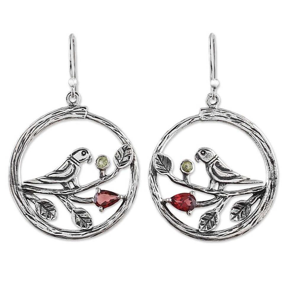 Garnet and Peridot Parrot Dangle Earrings from India 'Parrot Song'