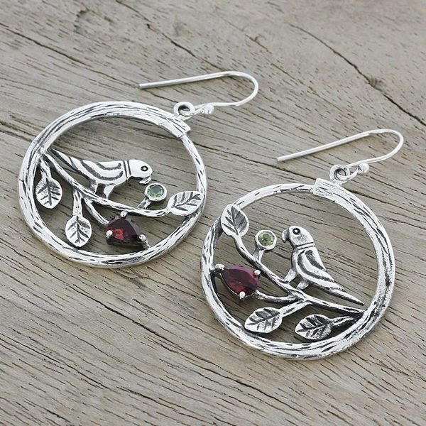 Alternate image for Garnet and Peridot Parrot Dangle Earrings from India Parrot Song