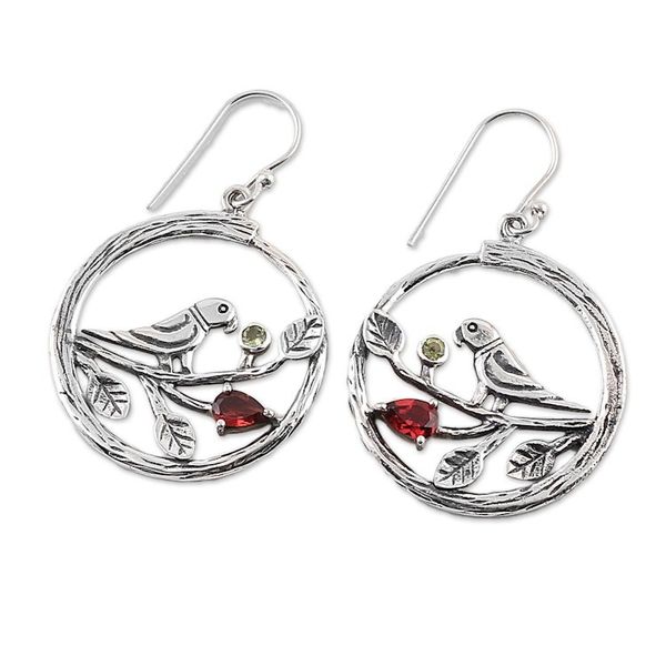 Alternate image for Garnet and Peridot Parrot Dangle Earrings from India Parrot Song