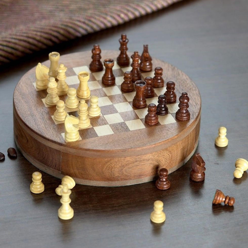 Handcrafted Round Acacia and Kadam Wood Chess Set from India 'Fun Times'