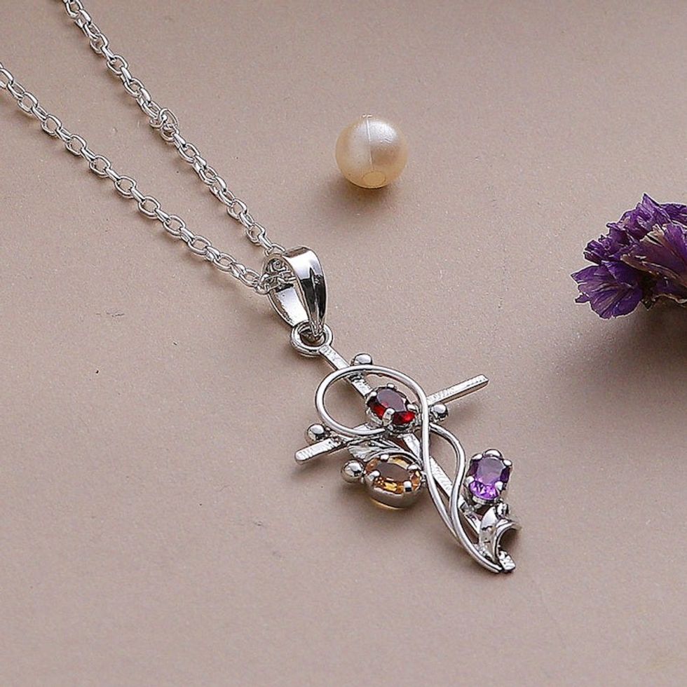 Rhodium Plated Garnet Amethyst and Citrine Cross Necklace 'Sacred Trinity'