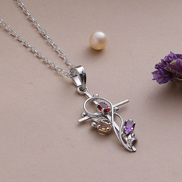 Alternate image for Rhodium Plated Garnet Amethyst and Citrine Cross Necklace Sacred Trinity