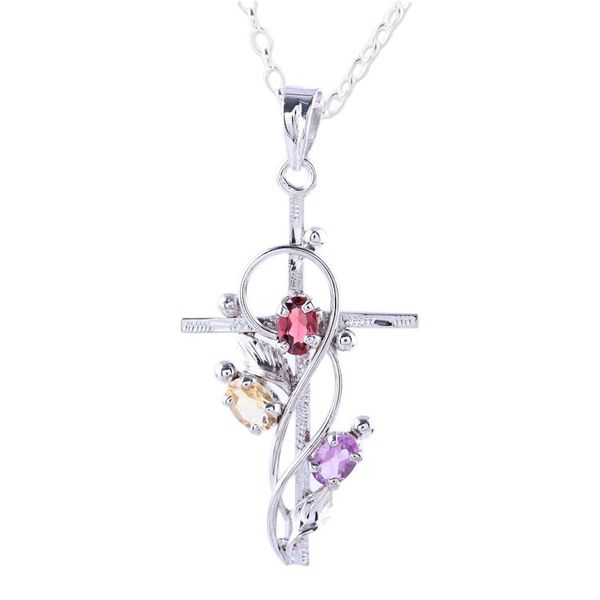 Alternate image for Rhodium Plated Garnet Amethyst and Citrine Cross Necklace Sacred Trinity