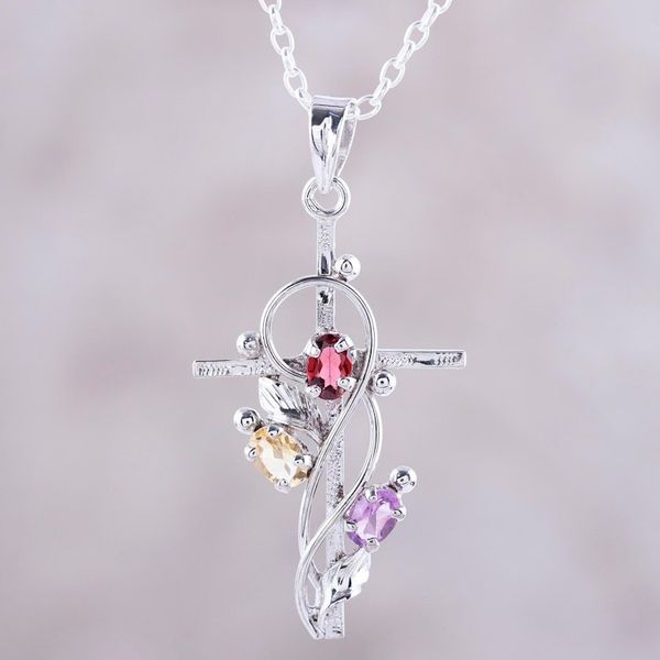 Alternate image for Rhodium Plated Garnet Amethyst and Citrine Cross Necklace Sacred Trinity