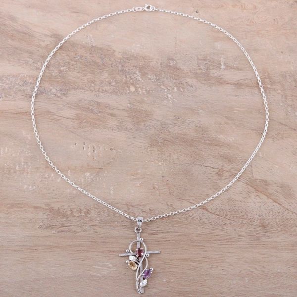 Alternate image for Rhodium Plated Garnet Amethyst and Citrine Cross Necklace Sacred Trinity