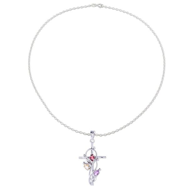 Alternate image for Rhodium Plated Garnet Amethyst and Citrine Cross Necklace Sacred Trinity
