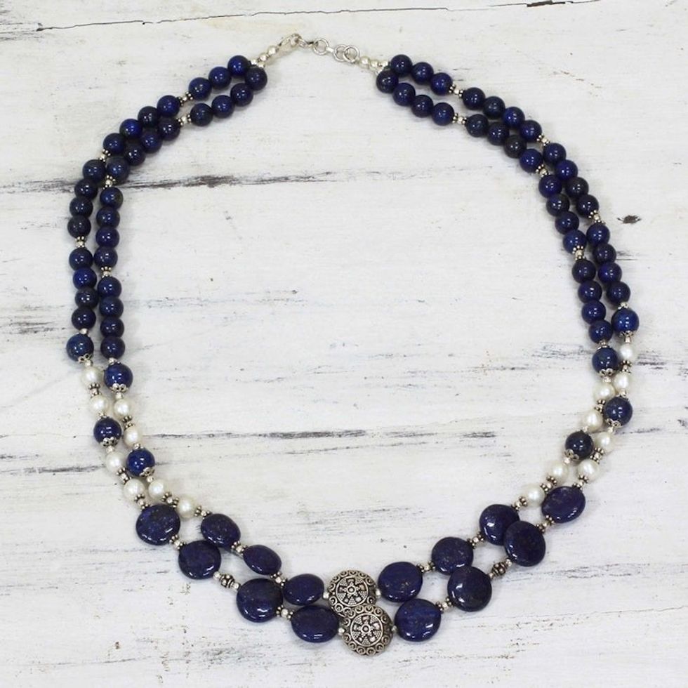 Lapis Lazuli Cultured Pearl Beaded Necklace from India 'Timeless Beauty'