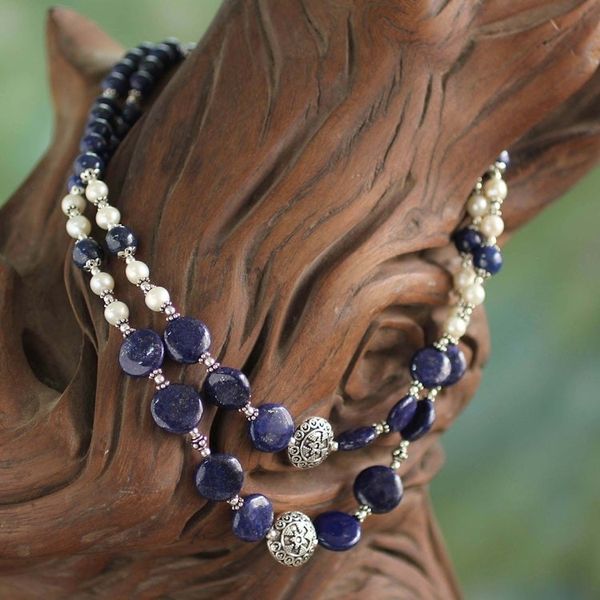 Alternate image for Lapis Lazuli Cultured Pearl Beaded Necklace from India Timeless Beauty