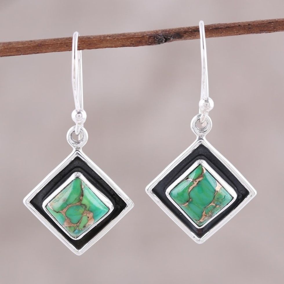 Green Composite Turquoise and Silver Dangle Earrings 'Chic Kites'
