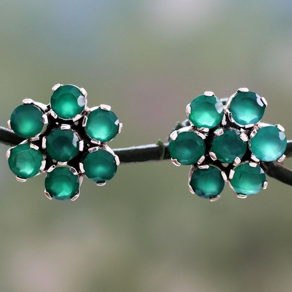 Hand Crafted Onyx and Sterling Silver Floral Button Earrings 'Green Blossom'